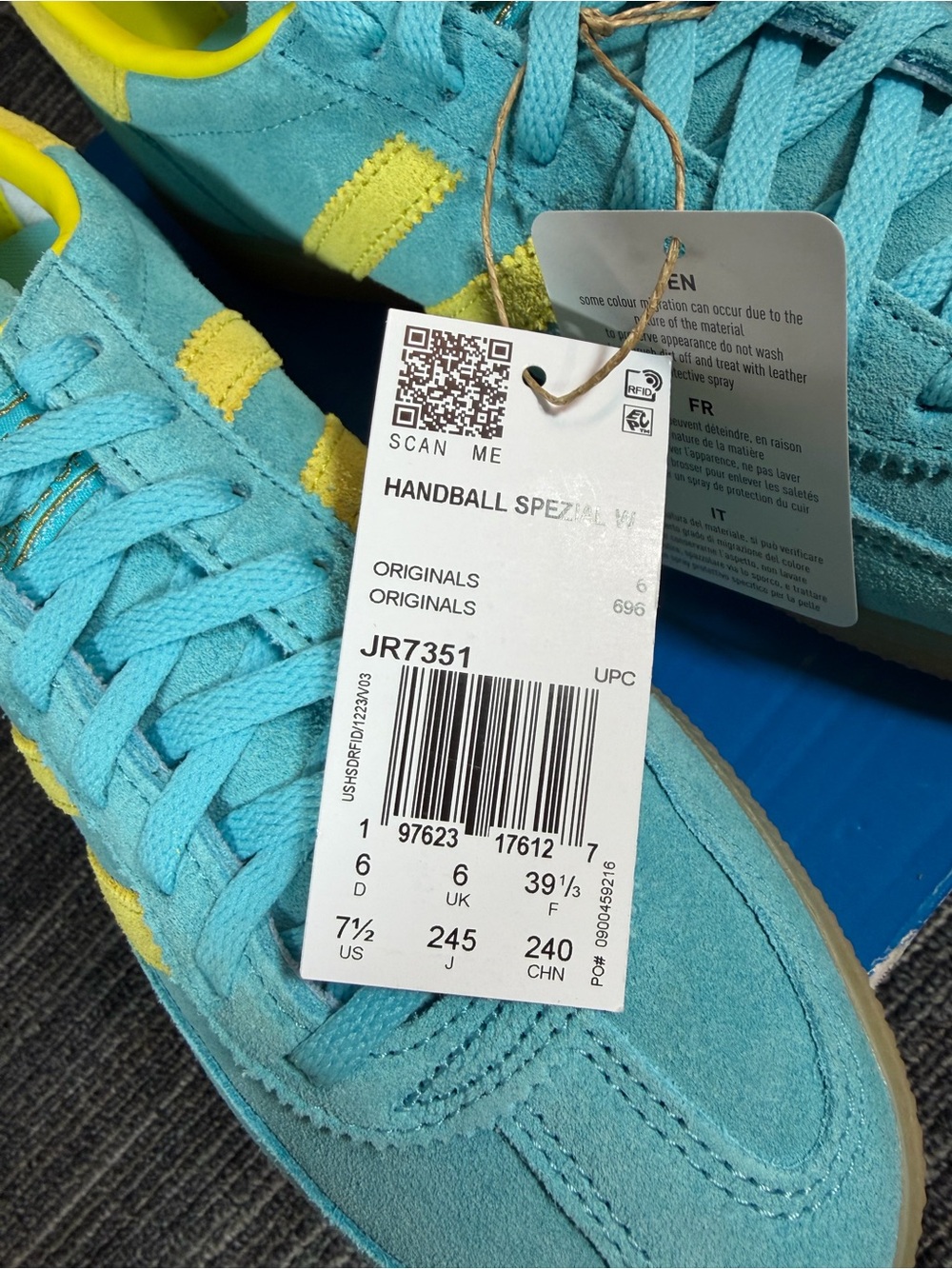 adidas Handball Spezial Blue Glow/Bright Yellow Gum Sole Suede Women’s 7.5 New - Picture 7 of 9